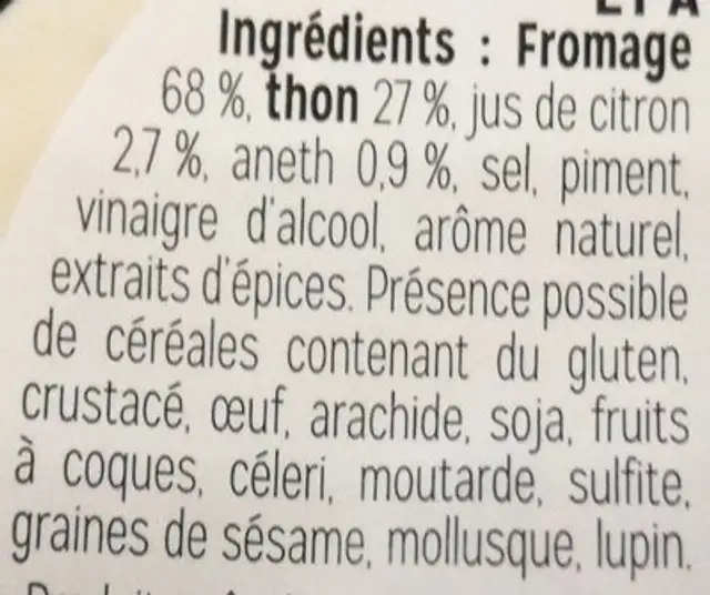 Thon au citron et à l'aneth, au fromage fouetté ingredients label
