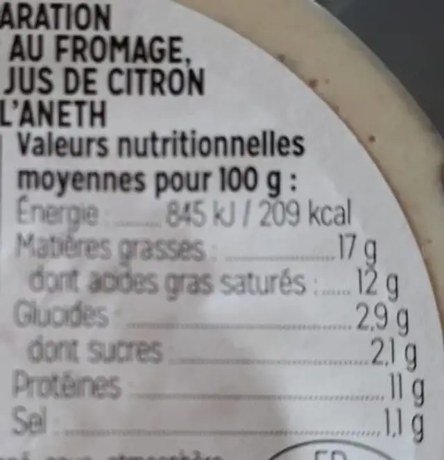 Thon au citron et à l'aneth, au fromage fouetté nutrition facts table