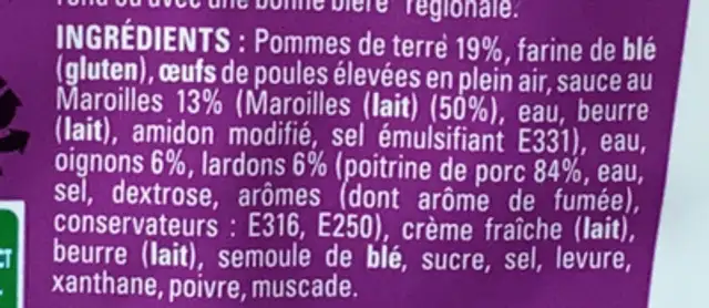 Tarte Ch'tiflette ingredients label