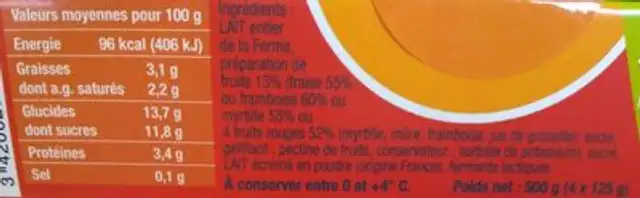 Yaourt aux fruits rouges Ferme Adam nutrition facts table