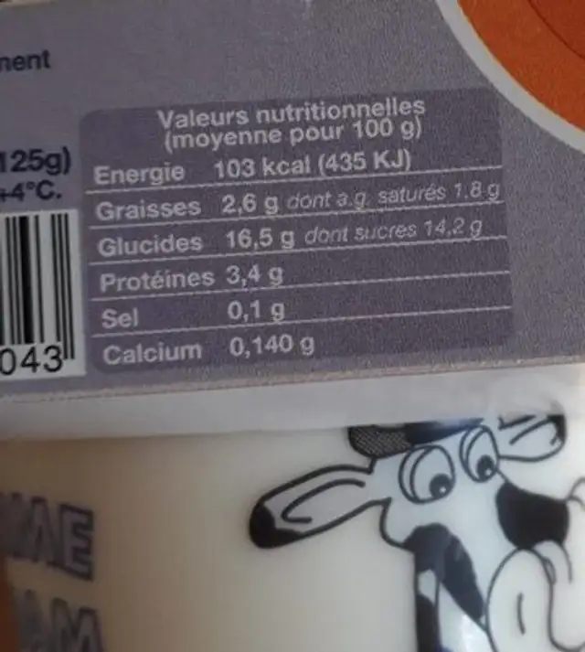Yaourts aromatisés nutrition facts table