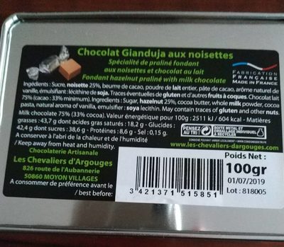 Chocolat gianduja aux noisettes ingredients label