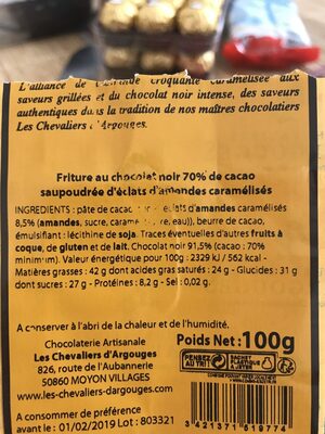 Chocolat noir amandes ingredients label