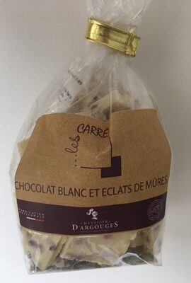 Chocolat blanc et éclats de mûres front packaging