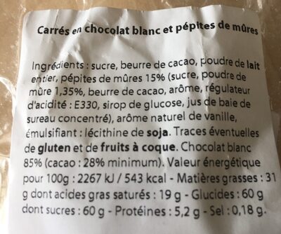 Chocolat blanc et éclats de mûres ingredients label