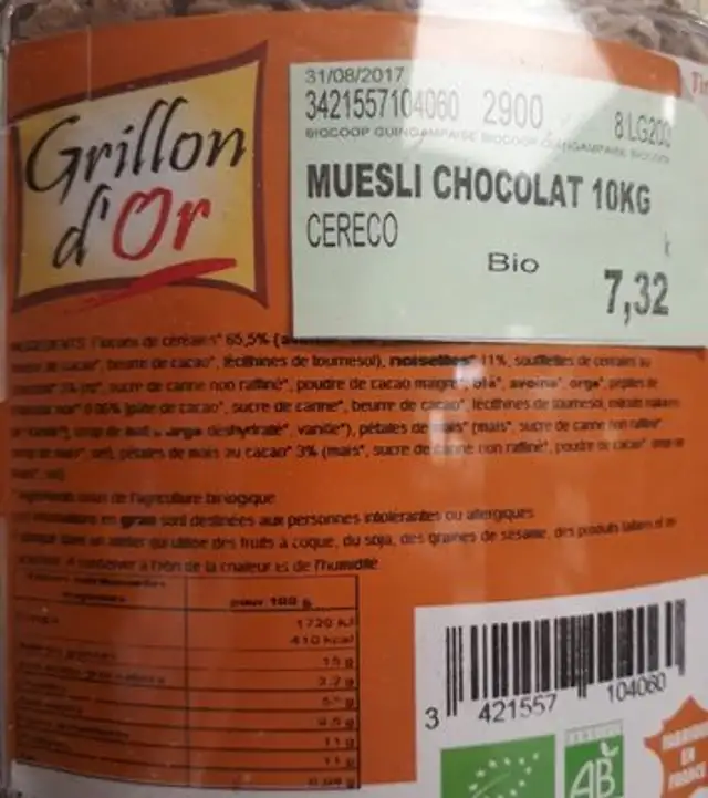 Muesli Chocolat (10 KG) ingredients label