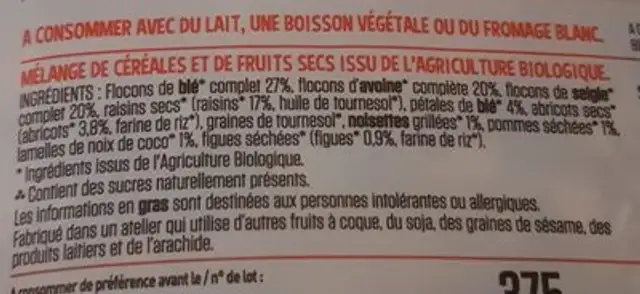 Muesli fruits ingredients label