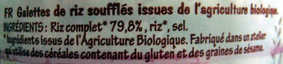 Galettes Riz Complet ingredients label