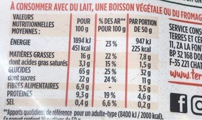 Muesli croustillant cacahuète chocolat nutrition facts table