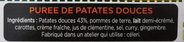 écrasé de Patates Douces ingredients label