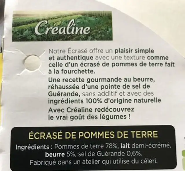 L'ecrasé de pomme de terre ingredients label