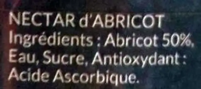 Nectar d'abricot ingredients label