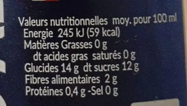 Nectar d'abricot nutrition facts table
