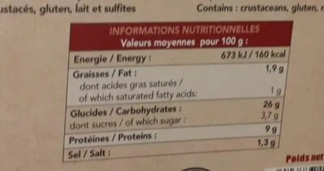 Crevettes panés nutrition facts table