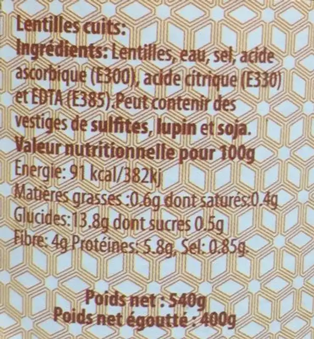 Lentilles bocal ingredients label