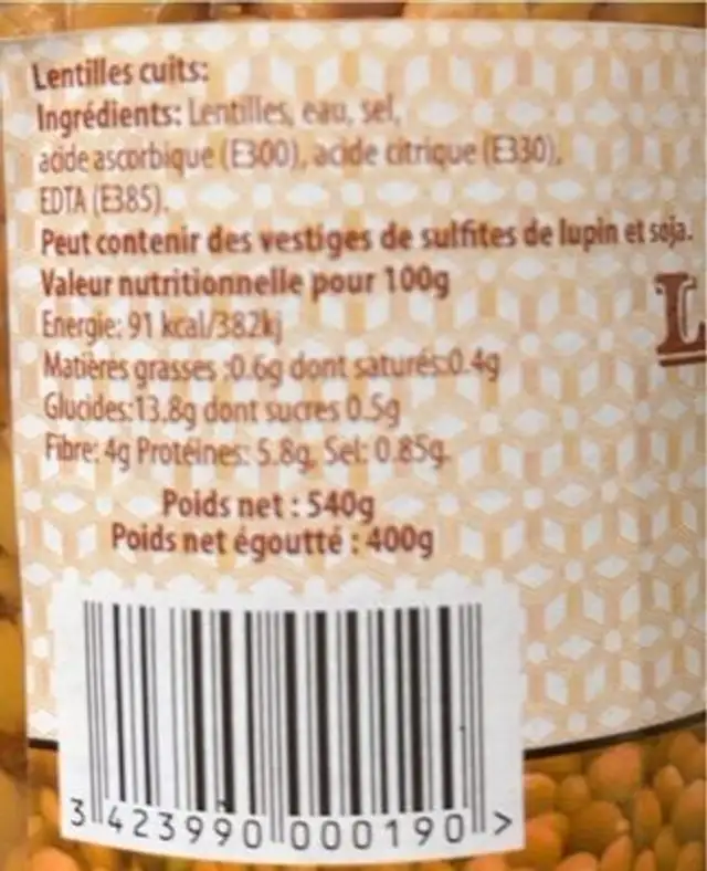 Lentilles bocal nutrition facts table