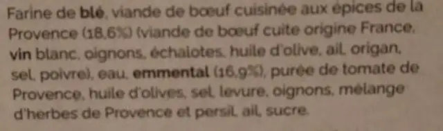 Pizza bolognaise ingredients label