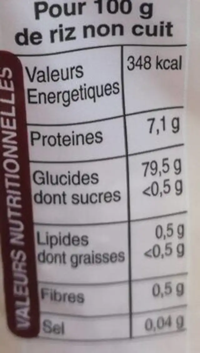 Riz long nutrition facts table