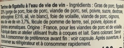 Terrine de Figatellu à l'acqua vita ingredients label
