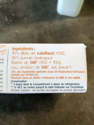 Bâtonnets panés Cabillaud de pêche française ingredients label