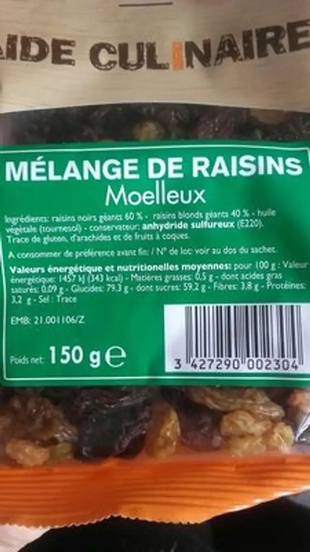 Mélange de raisons moelleux ingredients label