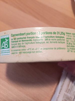 Camembert Bio Portion 141 MG Calcium / Portion ingredients label