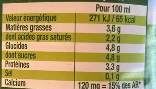 Lait Bio, Entier, stérilisé UHT nutrition facts table