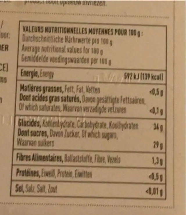 Sorbet banane nutrition facts table