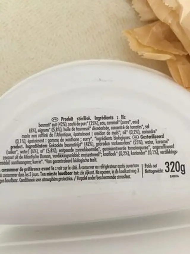 Porc Au Caramel Riz Basmati & Sauce Sucrée Salée ingredients label