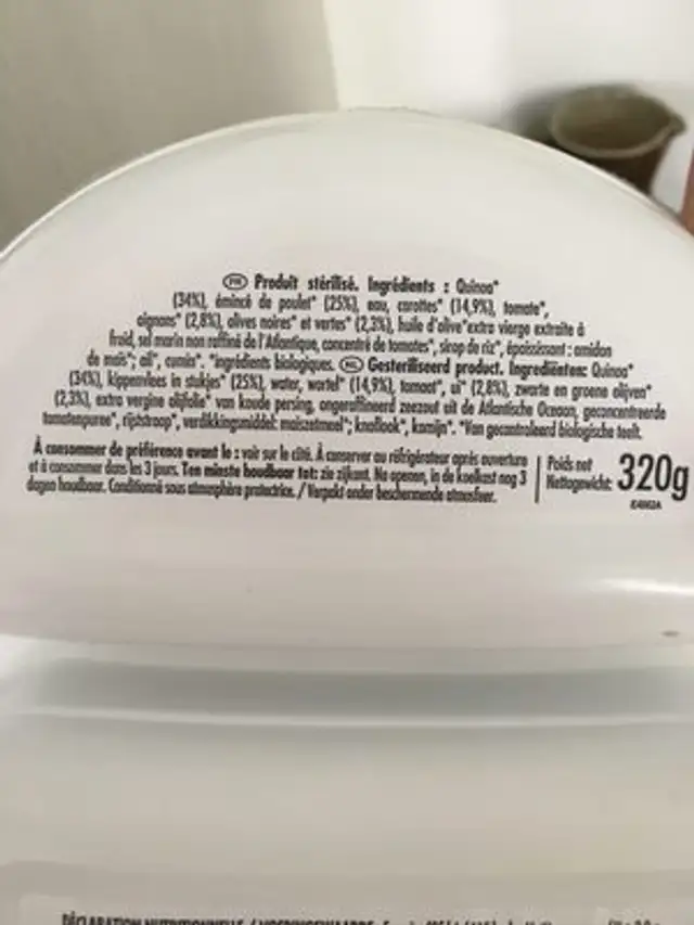 Poulet Aux Olives & Quinoa ingredients label
