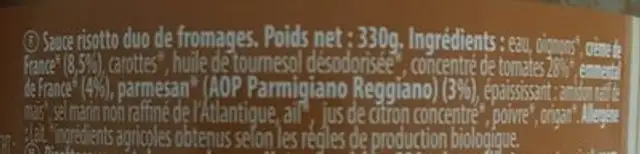 Sauce Risotto Duo Fromage ingredients label