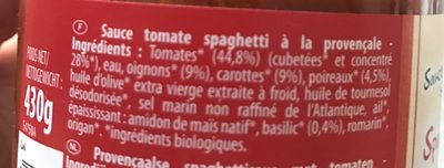Sauce Spaghetti Provencale ingredients label