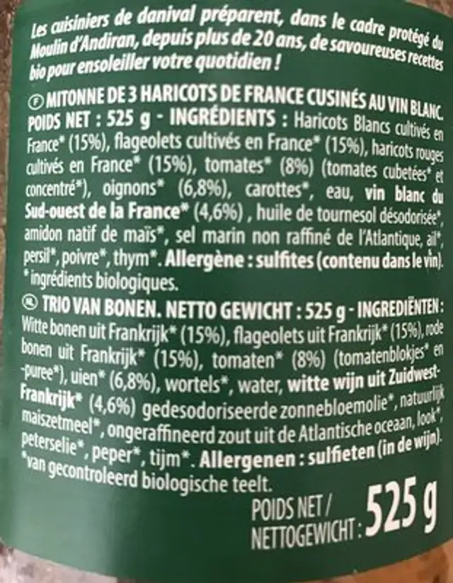 Mitonnee De 3 Haricots ingredients label