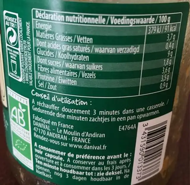 Mitonnee De 3 Haricots nutrition facts table
