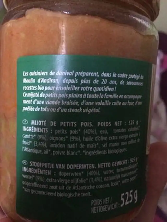 Mijote De Petits Pois ingredients label