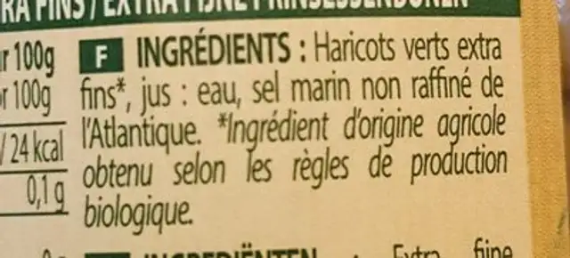 Haricots Vert Extra Fin France 190G ingredients label