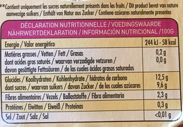 Purée Pommes Fraises nutrition facts table