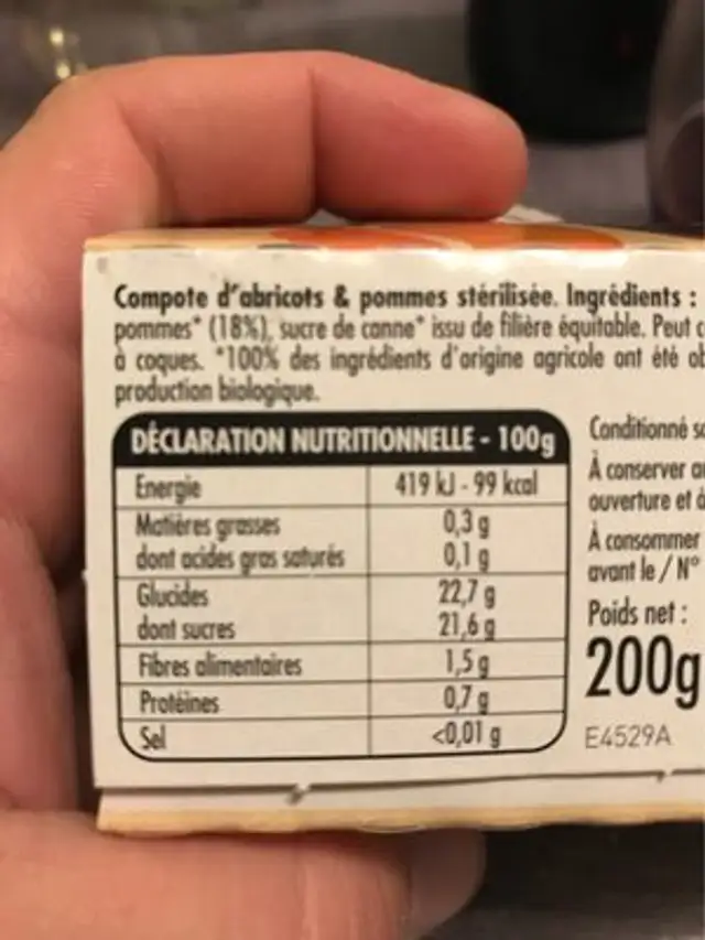 Compotee Abricot Pomme nutrition facts table