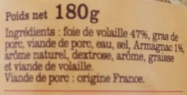 Confit de foie de volaille à l'Armagnac ingredients label