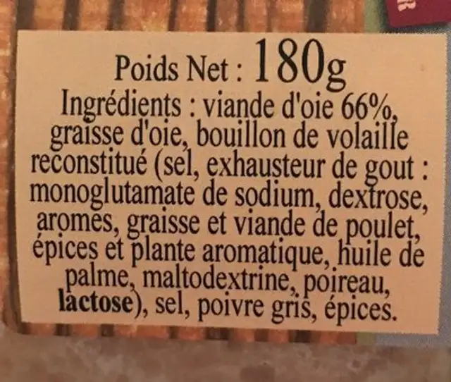Rillettes pur oie ingredients label