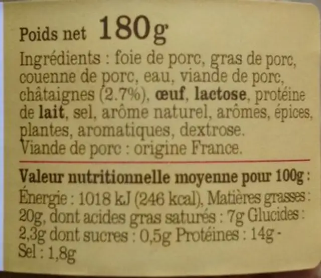 Terrine du Limousin aux châtaignes ingredients label
