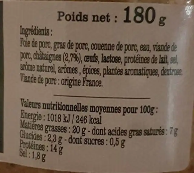 Terrine du Limousin aux châtaignes nutrition facts table