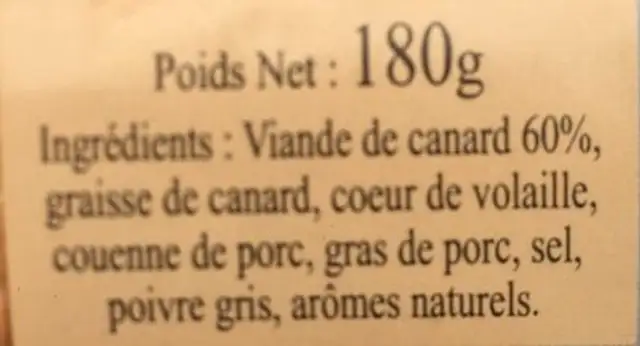 Fritons de canard ingredients label