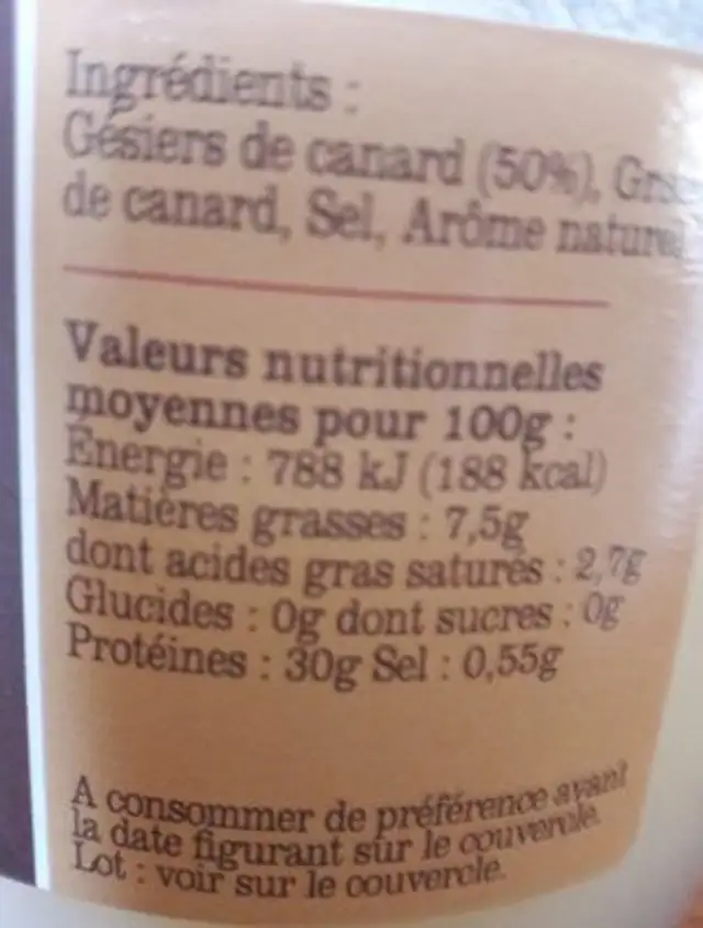 Gesiers de canard confits ingredients label
