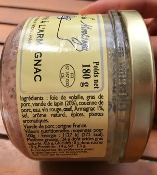 Terrine de lapin a l'armagnac ingredients label