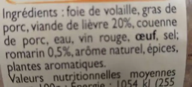 Terrine de lièvre au romarin ingredients label