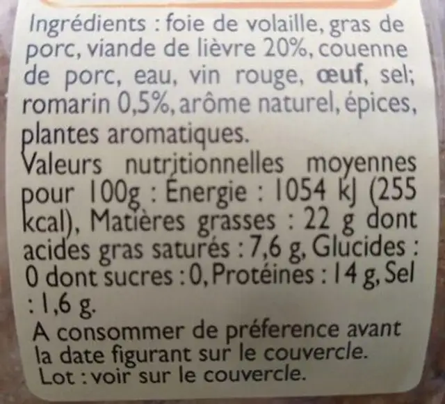 Terrine de lièvre au romarin nutrition facts table