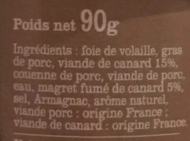 Terrine de canard au magret ingredients label