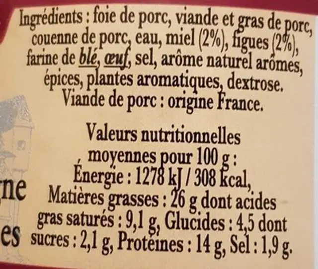 Terrine de Campagne au miel et aux figues ingredients label