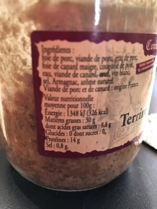 Laredy, Terrine du Perigord, le pot de nutrition facts table